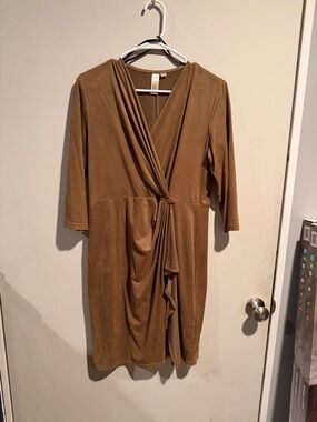 Wrap-Front Brown Midi Dress with Drape Detail